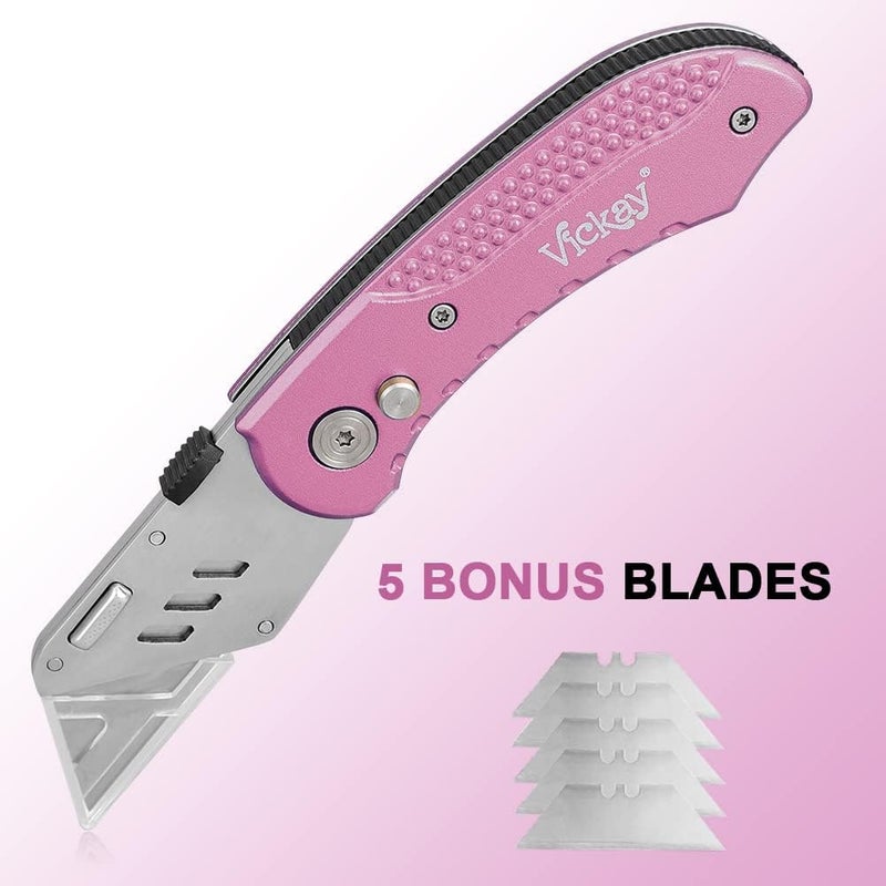 Vickay Box Cutter Utility Knife Heavy Duty with 5 SK5 Quick Change Blades, Safety Axis Lock Design Razor Knife, Lightweight Aluminum Body Belt Clip for Office (Pink) - Image 5